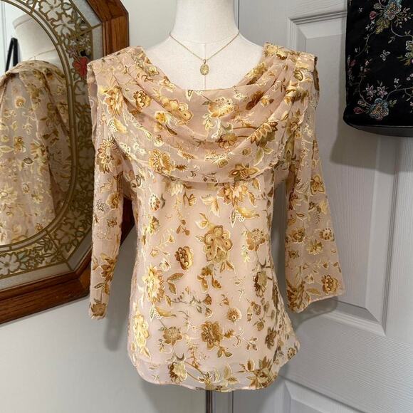 Vintage Y2K MSK Golden Yellow Metallic Floral Draped 3/4 Sleeve Fairycore Top - Picture 3 of 8